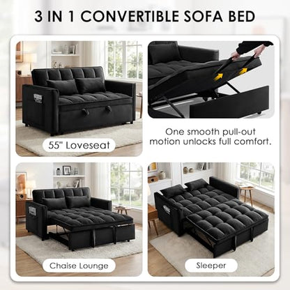 3 in 1 Convertible Sleeper Sofa Bed, 55" Pull Out Couches, Modern Loveseat Sleeper Sofa with Adjustable Reclining Backrest & Side Pockets for Living Room, Velvet Fabric, Black