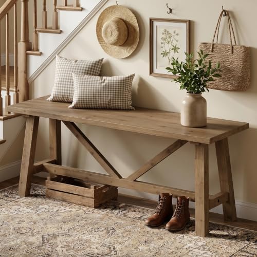 43" Farmhouse Solid Wood Bench, Narrow Long Seat, Natural, view 2