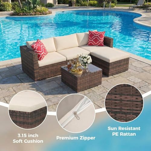 5 Pieces Patio Furniture Set, All Weather Wicker Rattan Sectional Sofa, Outdoor Patio Furniture Set with Washable Cushions for Garden, Backyard, Porch, Poolside (Brown&Beige)