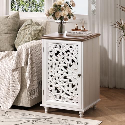 Boho Small Buffet Cabinet with Hand-Carved Mandala Door, 17" Coffee Bar Station with Adjustable Shelf, Distressed White Accent Storage Cabinet for Small Spaces, Kitchen, Dining Room