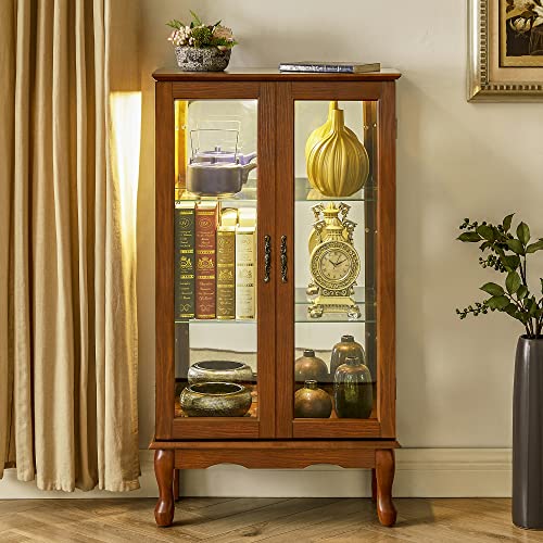 Curio Cabinet Lighted Curio Diapaly Cabinet with Adjustable Shelves and Mirrored Back Panel, Tempered Glass Doors (Oak, 3 Tier), (E26 Light Bulb not Included)