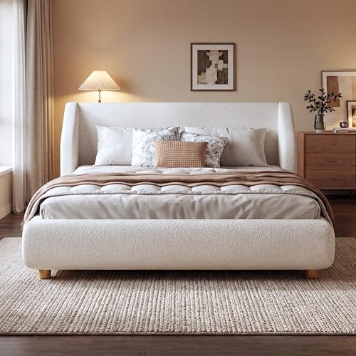 Astry Boucle Upholstered Queen Size Bed Frame with Wingback Headboard, view 2