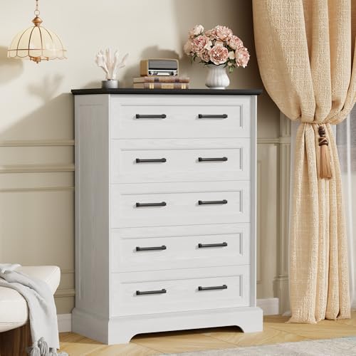 Farmhouse Dresser for Bedroom, 5 Drawers Dresser, White & Black, view 3