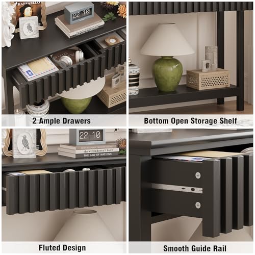 Fluted Console Table with 2 Drawers Narrow Sofa Table with Open Storage Shelf Modern Behind Couch Tables Long Entryway Table for Foyer Hallway