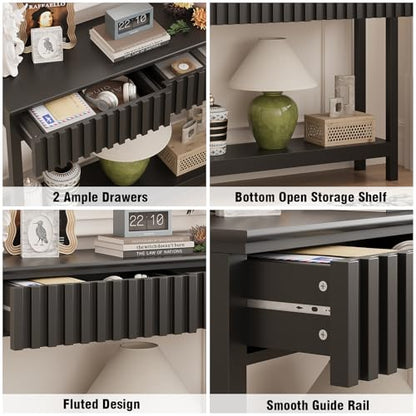 Fluted Console Table with 2 Drawers Narrow Sofa Table with Open Storage Shelf Modern Behind Couch Tables Long Entryway Table for Foyer Hallway