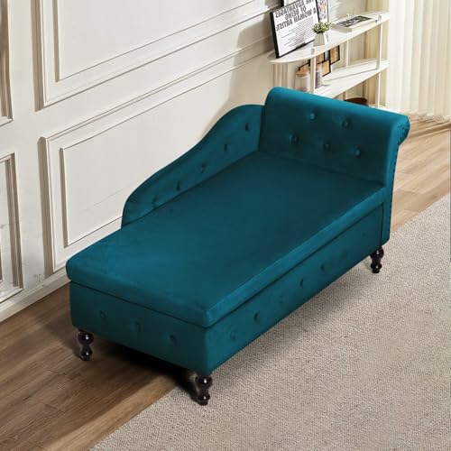 Velvet Chaise Lounge w/Right Armrest & Storage Space, Teal, view 5