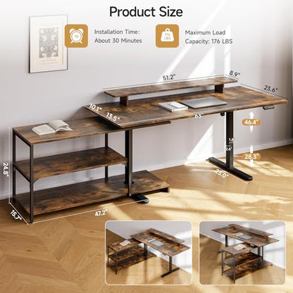 L Shaped Standing Desk with File Cabinet, 63x24'' Electric Stand Up Desk with Monitor and Storage Shelf, Adjustable Height 28-46'' for Home and Computer Workstation, Rustic Brown