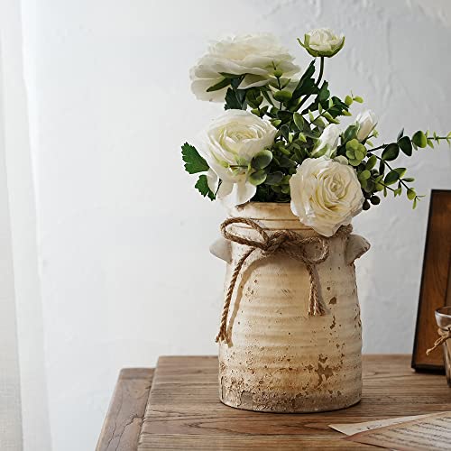Ceramic Decorative Flower Vase, 8 Inch Rustic Distressed Pottery Decorative Flower Vase for Home Decor, Ideal Shelf, Bookshelf, Mantle, Entryway, Living Room, Table Decor