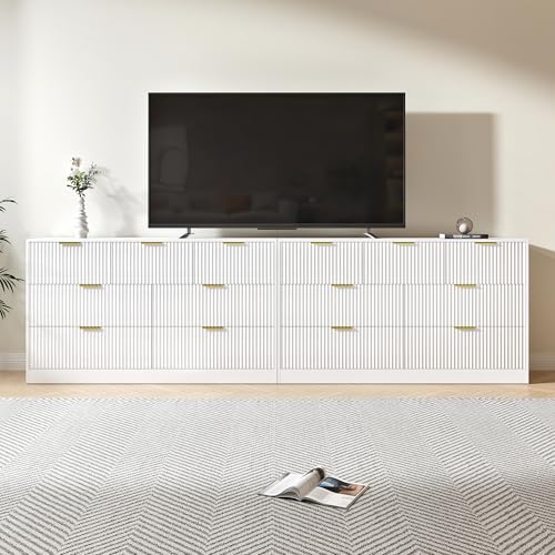 White Dresser Set of 2, Long Dresser for Bedroom Wooden with 14 Drawers, Fluted Modern Bedroom Furniture Set, TV Stand Dressers & Chests of Drawers for Closet (15.7"D x 110.2"W x 31.8"H)