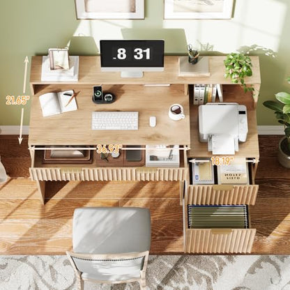 Fluted Computer Desk with Power Outlets, Home Office Desk with Drawers, view 7