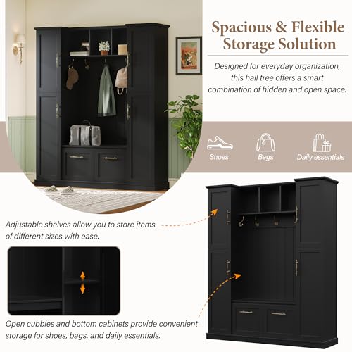 ON-TREND Farmhouse Elegant Hall Tree with 4 Side Cabinets, All-in-One Mudroom Furniture with Adjustable Shelves & Open Cubbies, Beadboard Entryway Bench with Coat Rack & 5 Hooks for Hallway, Black
