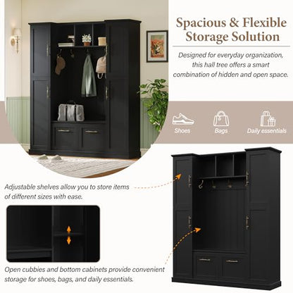 ON-TREND Farmhouse Elegant Hall Tree with 4 Side Cabinets, All-in-One Mudroom Furniture with Adjustable Shelves & Open Cubbies, Beadboard Entryway Bench with Coat Rack & 5 Hooks for Hallway, Black