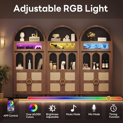 72.8'' Tall Arched Cabinet with LED Light, Rattan Door, Walnut, view 5