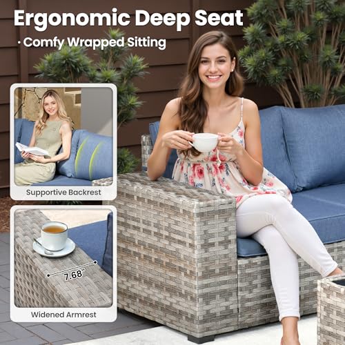 6 Pieces Patio Furniture Set, Outdoor Wicker Sectional Sofa with Coffee Table Comfy Cushions, Modern Modular Deep Seat Couch Rattan Conversation Set, Denim Blue
