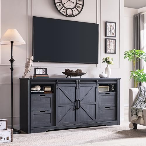 Farmhouse 66”TV Stand for 75+ Inch TV, 32"H w/4 Drawers & Sliding Barn Door, view 2