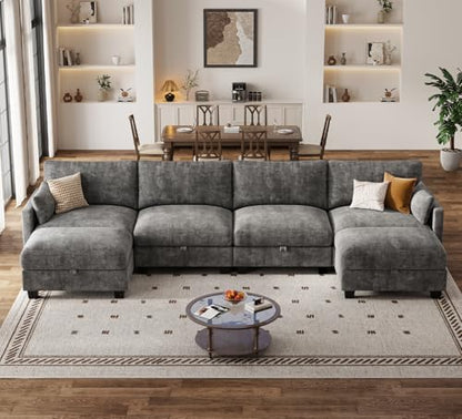Modular Sectional U Shaped Sofa Couches for Living Room, Cloud Couch with Storage Ottoman, Comfy Chenille Sofa with Pillow, Dark Gray
