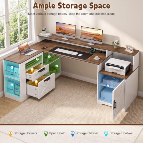 L Shaped Executive Desk with Drawers & Outlets, LED Lights, view 4