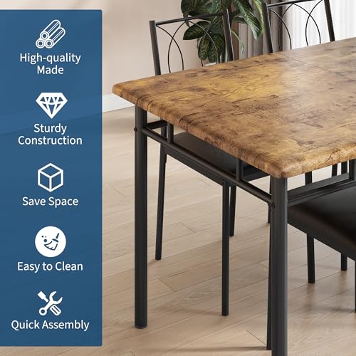 Dining Table Set for 4, Small Kitchen Table with Upholstered Chairs, Farmhouse Wood Dining Table Chairs for Kitchen Room, Small Spaces, Apartment, Brown
