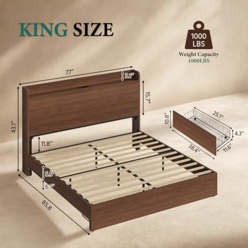 King Size Bed Frame with Storage Headboard & 2 Drawers, view 3