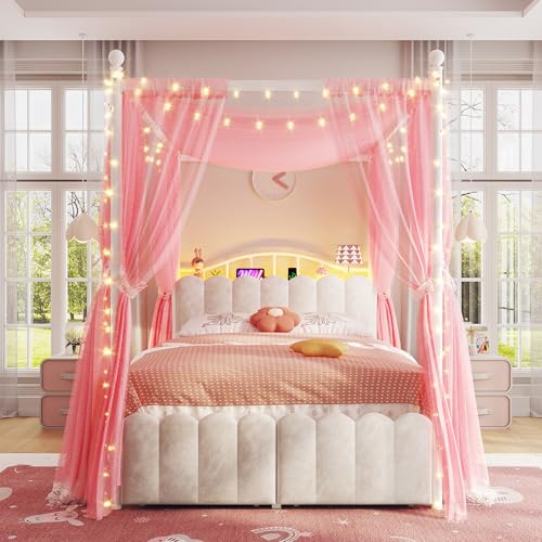 Full Canopy Bed Frame with 2 Drawers and LED & Charging,White, view 2