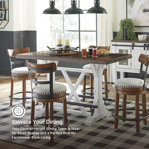 Signature Design by Ashley Valebeck Counter Height Dining Table, Rustic Farmhouse Design, Black Metal Footrest, Seats Up to 4, Great for Small Spaces, White