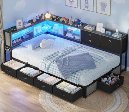 Corner Bed Frame with Charging Station & Led Lights, Twin Bed Frame with 8 Storage Drawers & Bookcase, Twin Daybed with Storage Headboard for Kids Guests, Black & Gray