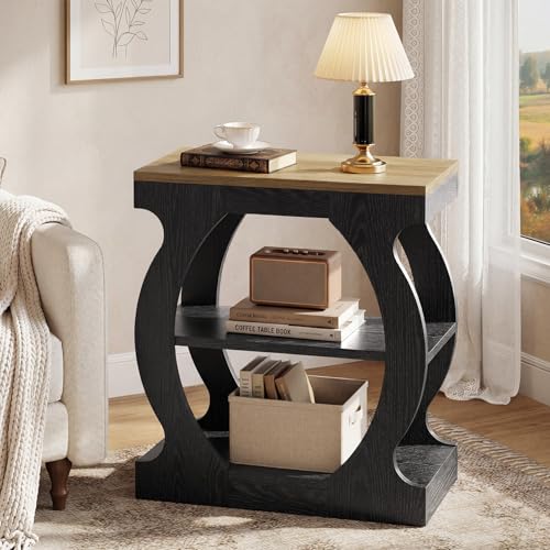 End Table with 3-Tier Storage, Narrow Side Table with Curved Frame, Wooden Nightstand for Living Room, Small Spaces, Bedroom, Rustic Brown & Black