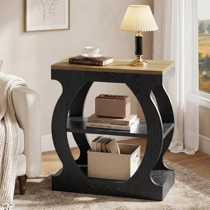 End Table with 3-Tier Storage, Narrow Side Table with Curved Frame, Wooden Nightstand for Living Room, Small Spaces, Bedroom, Rustic Brown & Black