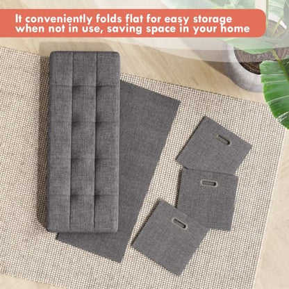 40 Inch Storage Ottoman with 3 Drawers, Tufted Linen, Dark Gray | Foldable Large Bench Design; Foot Rest Stool Seat; Ideal for Living Room, Bedroom or Entryway