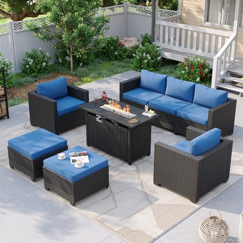 Patio Furniture Set with Fire Pit Table, 6 Piece Outdoor Furniture Set with Wicker Ottomans, Rattan Outdoor Sectional Sofa with Thickened Cushion & Waterproof Cover Navy Blue