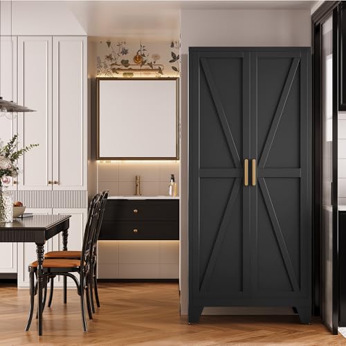 71" Metal Storage Cabinet with Doors and Shelves, Tall Pantry Cabinet in Black with 2 Doors & 4 Adjustable Shelves, All-Steel Farmhouse Cupboard for Kitchen, Living Room,Home Office,Garage