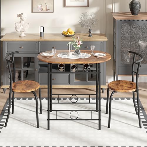 3-Piece Dining Table Set for Kitchen Breakfast Nook, Wood Grain Oval Tabletop and Metal Frame with Built-in Wine Rack, for Small Spaces, Antique Brown & Black