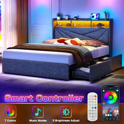King Size Bed Frame with 4 Storage Drawers and LED Headboard, view 4