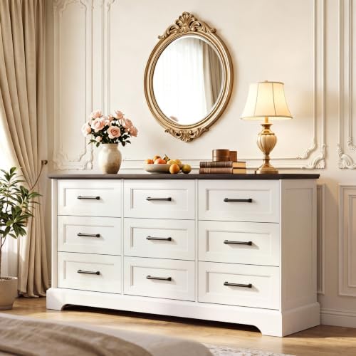 57" Farmhouse Dresser for Bedroom, 9 Drawers Dresser, White & Brown, view 7