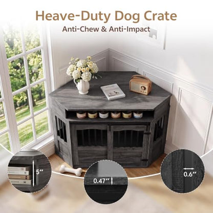 52" Corner Dog Crate for Medium Dogs, Indoor Dog Kennel Grey, view 3