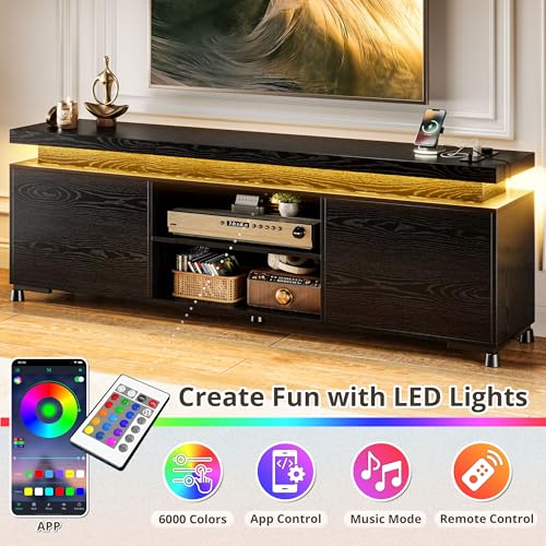 TV Stand for 85 inch TV, TV Console with LED Lights and Power Outlet, Long Entertainment Center with Cabinets and Storage Shelves, TV Stand Black for Bedroom Living Room