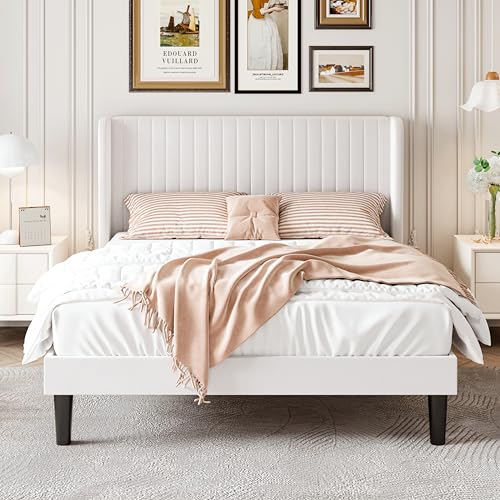 Queen Size Velvet Bed Frame, Tufted Wingback Headboard, White, view 4