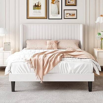 Queen Size Velvet Bed Frame, Tufted Wingback Headboard, White, view 4