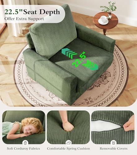 35.5in Corduroy Sofa Accent Chair, Tool-Free Setup Living Room Couch Accent Chairs, Reading Chair for Bedroom 22.5in Extra Deep Seats, Comfy Arm Chairs for Office, All-Wood Reading Nook Green