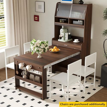 Kitchen Buffet with Hutch, 33.5-inch Sideboard Cabinet with Foldable Drop-Leaf Dining Table, Storage Shelves and Hooks for Small Spaces, Apartment (Walnut Wood+MDF + Farmhouse)