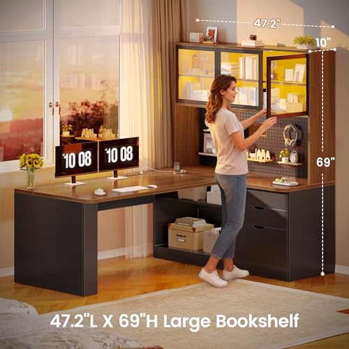 L Shaped Computer Office Desk with 3 Wood Drawer and Large Bookshelf, view 3