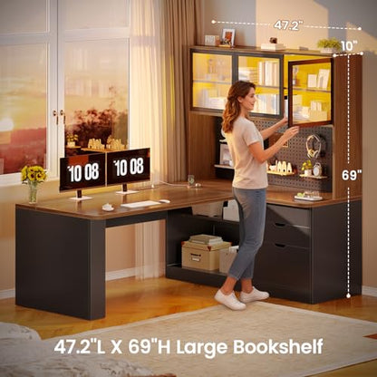 L Shaped Computer Office Desk with 3 Wood Drawer and Large Bookshelf, view 3
