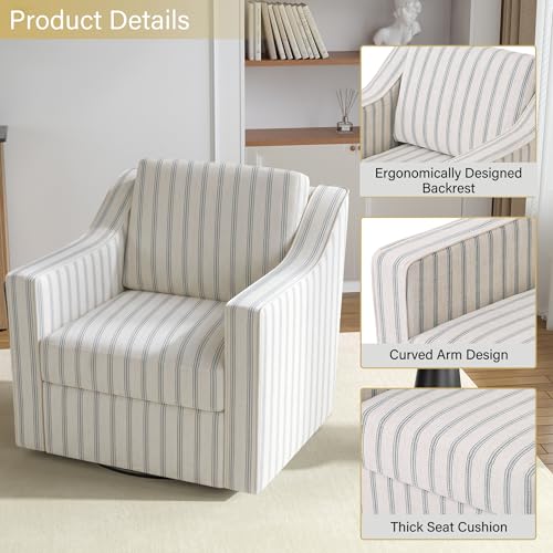Swivel Accent Chairs Set of 2, 360° Swivel Upholstered Club Armchairs for Living Room, Comfy Reading Chair with Deep Seat, Metal Swivel Base, Pinstripe Light Blue