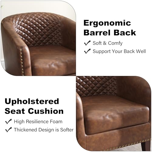 Accent Barrel Chair, Upholstered Faux Leather Club Chair with Nailed Trim, Comfy Reading Armchair for Living Room Bedroom Reception Room Office (Brown, Set of 4)