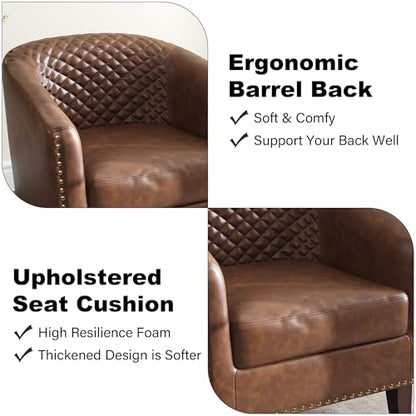 Accent Barrel Chair, Upholstered Faux Leather Club Chair with Nailed Trim, Comfy Reading Armchair for Living Room Bedroom Reception Room Office (Brown, Set of 4)