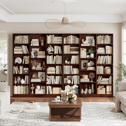 Triple Wide Bookshelf, 6 Tier Large Bookshelf, Bookcase with 17 Open Display Shelves, 74'' Tall Bookcases and Bookshelves for Living Room, Home Office, Library, Cherry