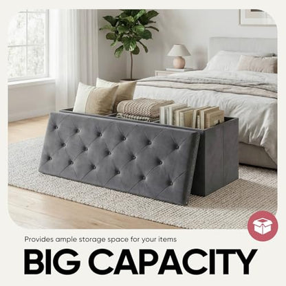 43 in Velvet Storage Ottoman Bench, Foldable Padded Ottoman with Hidden Storage for Bedroom Living Room Entryway, 140L Capacity