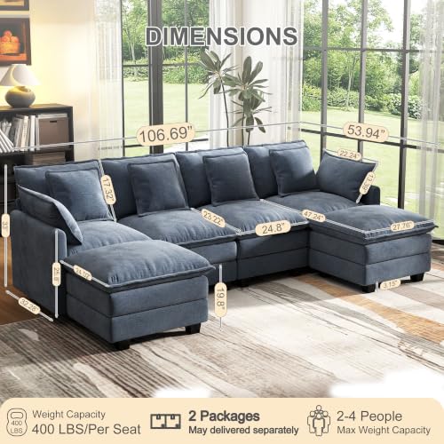107" Cloud Couch Sectional, U Shaped Modular Sectional Sofa, 4-Seat Deep Seat Couch with 6 Removable Washable Pillows and 2 Ottoman for Living Room, Bedroom, Apartment, Blue