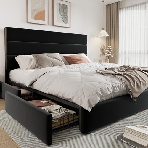 Modern King Size Platform Bed Frame with 4 Storage Drawers, view 2