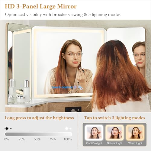 48" Corner Makeup Vanity with Lighted Triple Mirror, Natural Oak, view 5
